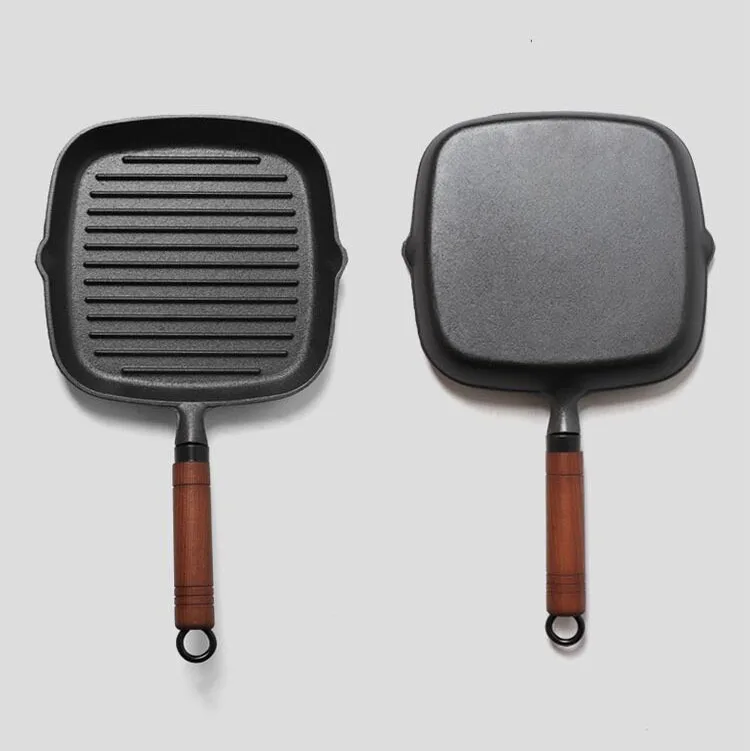Cookware Cast Iron Square Grill Pan Steak Fry Pan With Wood Handle