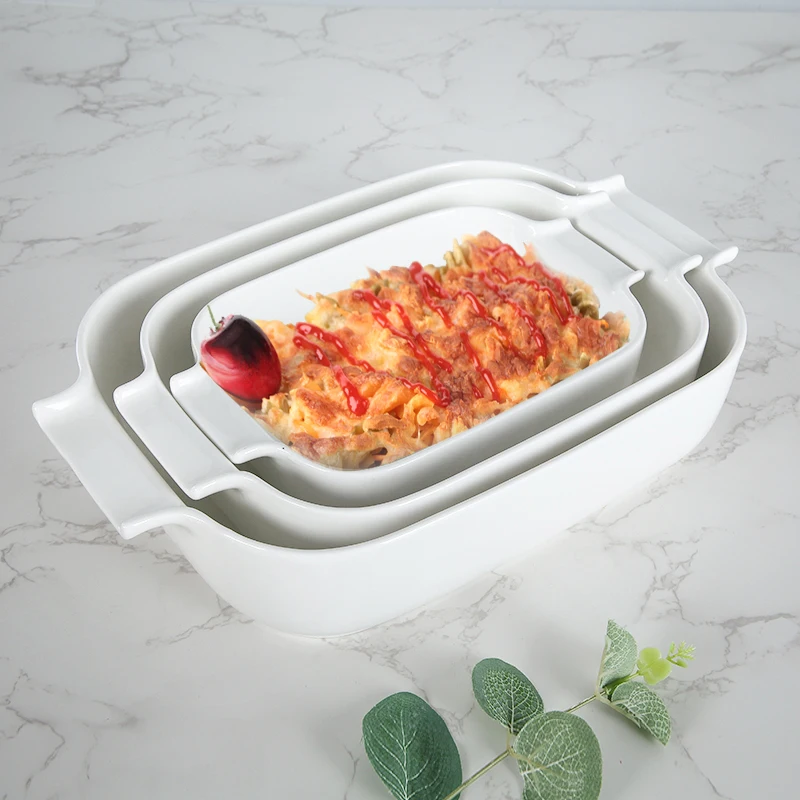 WEIYE 2025 New Arrival Rectangular Durable Porcelain Baking Pan White Ceramic Baking Tray With Handle
