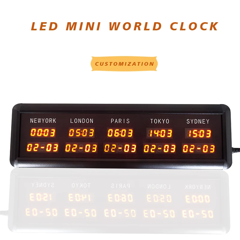 LED Digital World Time Zone Clock with Date Display for 5 Cities