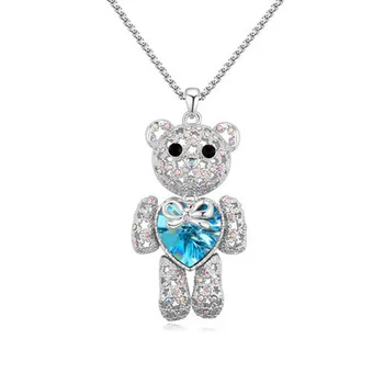 Vintage Cute Charm Bear Pendant Necklace Long Jewelry Wear Crystal Diamond Heart Teddy Bear Necklace