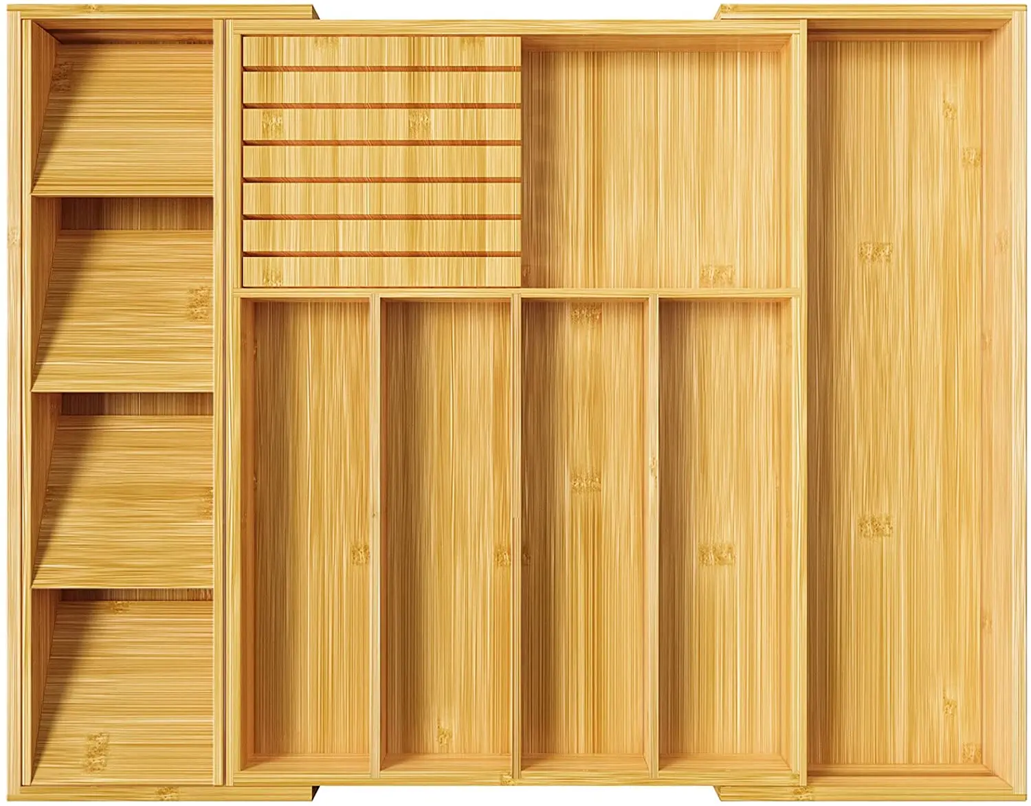 Foldable Bamboo Silverware Tray Kitchen Drawer Organizer for Large Utensils Bathroom and Candy Storage