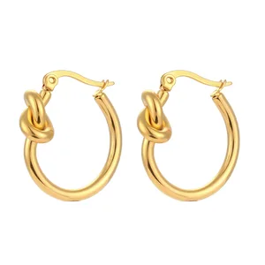 MW Wholesale Bulk Classic Style Tarnish-Free Stainless Steel 18K Gold Plated Knot Earrings Hoop Earrings
