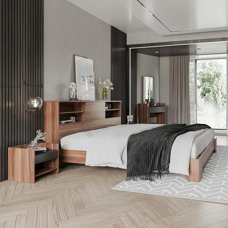 Modern  Melamine Queen Size Bedroom Furniture Set Wooden Sliding Door Wardrobe & Makeup Table Bedroom Furniture Set