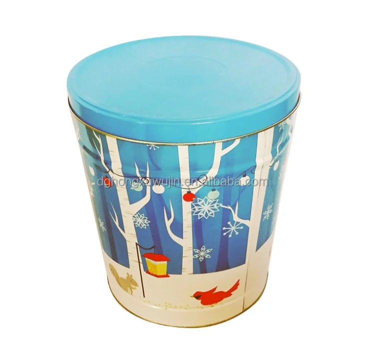 Customized Printed 2 Gallon Large Round Christmas Popcorn Tins Bucket Delicate Promotional Metal Popcorn Packaging Tin With Lid
