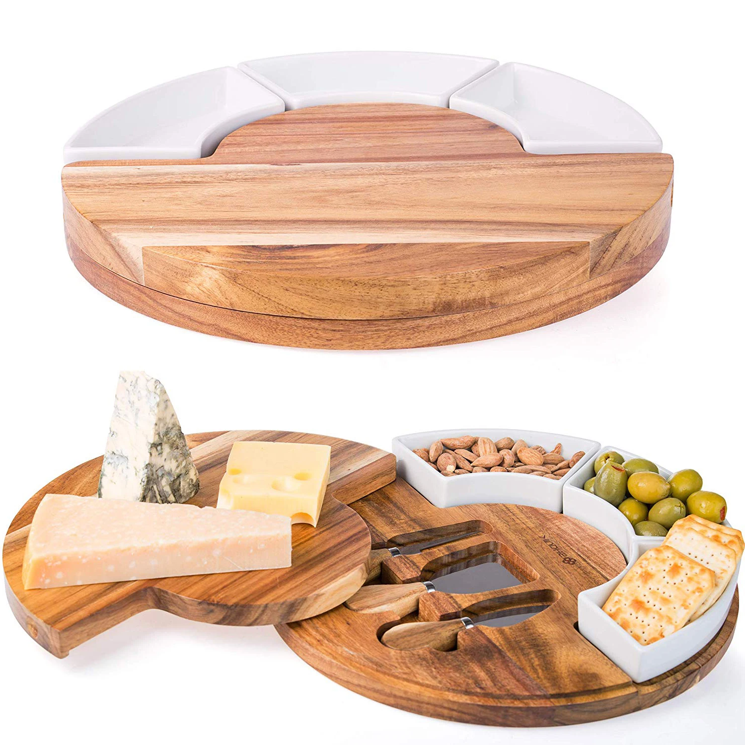 Acacia Wood Charcuterie Boards  Appetizer Serving Tray with  Bowls Spreaders Round Cheese Board and Knives Set