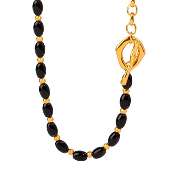 Elegant Long Sweater Chain 18K PVD Gold Plated Stainless Steel Natural Agate Beads Fashion Necklaces for Women