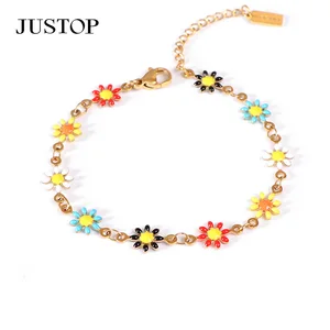 Cute Daisy Flower Charm Bracelet 18K Gold Pvd Stainless Steel Bangle Dripping Oil Chain Link Fashion Jewelry logo Make