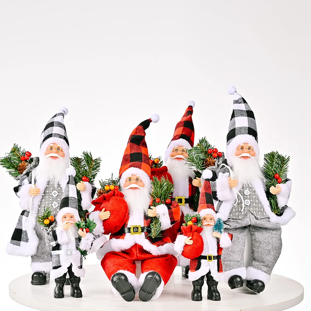 Plaid Santa Decoration Handmade Table Top Decorative Christmas Santa Doll  for Home Office Shopping Mall Decor