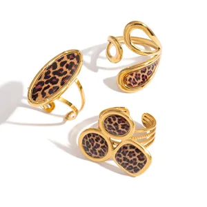 MW Trendy Retro Style 18K Gold Plated Stainless Steel Oval Asymmetrical Hollow Leopard Print Open Rings Set for Wedding Gift