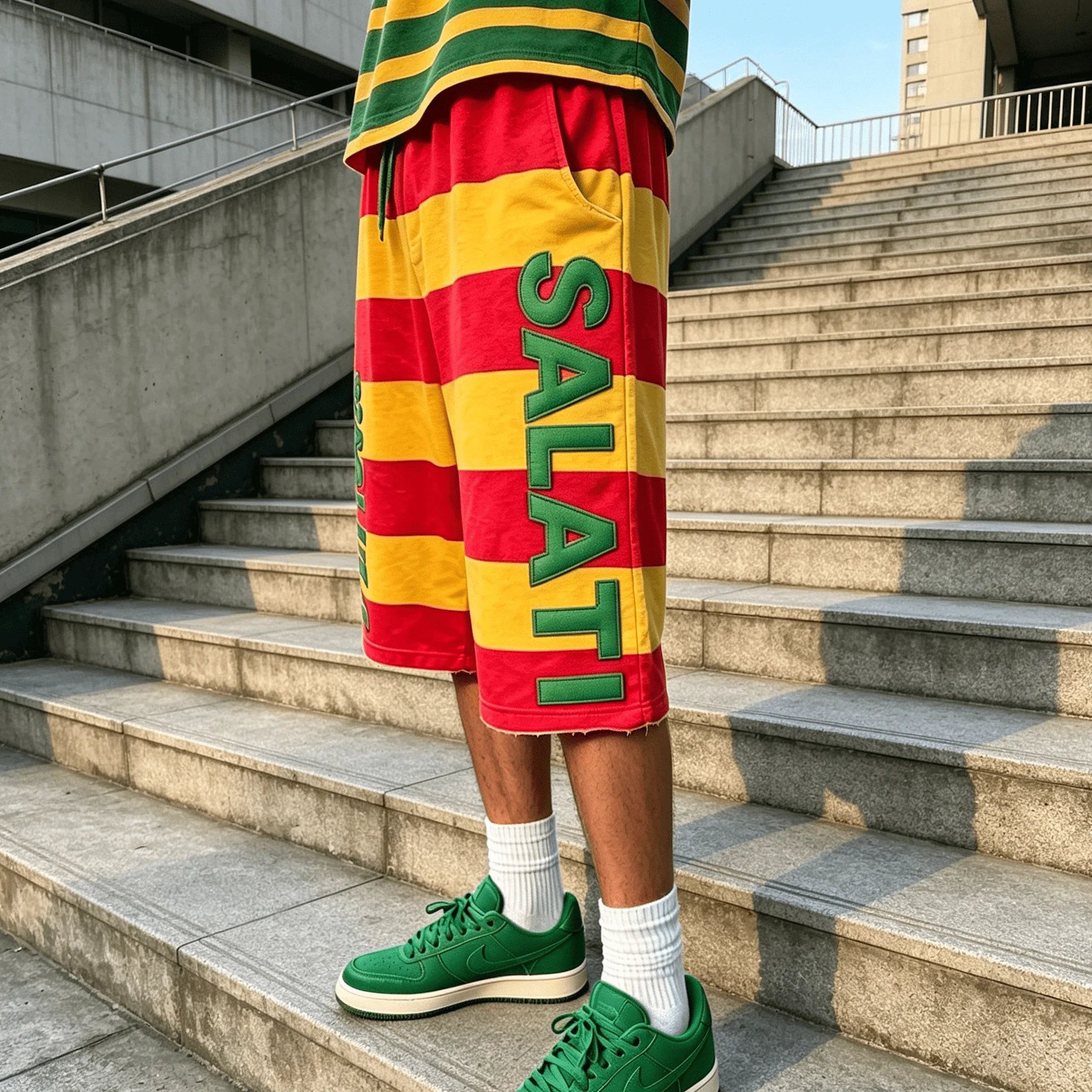 OEM ODM Custom Logo Mens Red Yellow Striped Baggy Drawstring Side Letter Print Hip Hop Basketball Streetwear Casual Shorts gallery 2