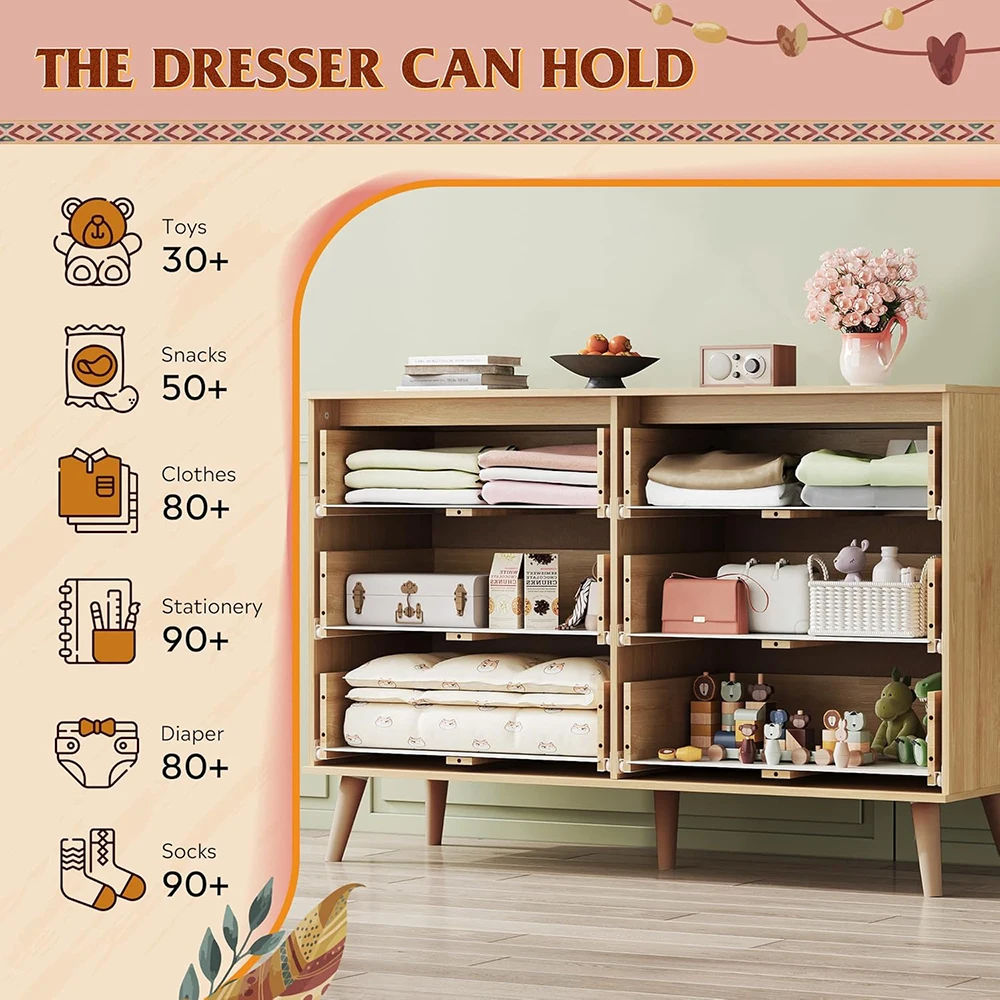 product nu deco mh25726 modern wood dresser 6 drawers 4724 wide gold metal handles tv stand 55 tv storage cabinet bedroom-3