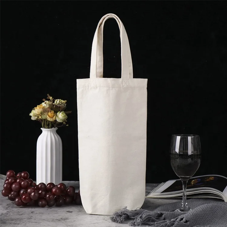 Manufacture Custom Logo Single Bottle Cotton Canvas Wine Carrier Tote Bags With Water Bottle Holder