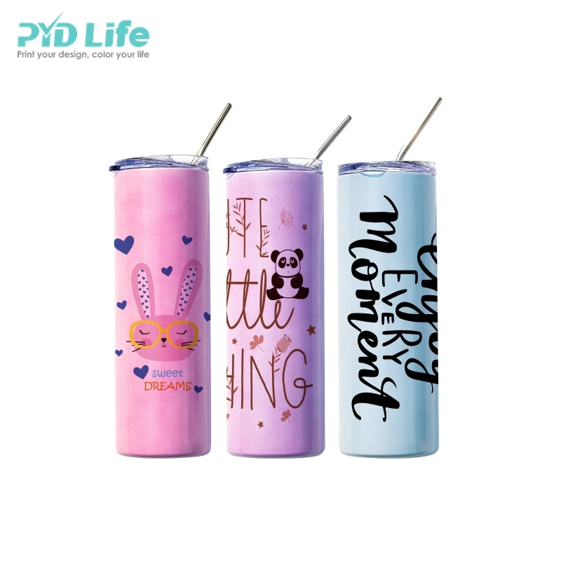 PYD Life Sublimation Glitter Tumbler Rainbow White Blank Straight 20 oz Skinny Tumbler Cups with Metal Straw,Stainless Steel Coffee Tumbler Cups