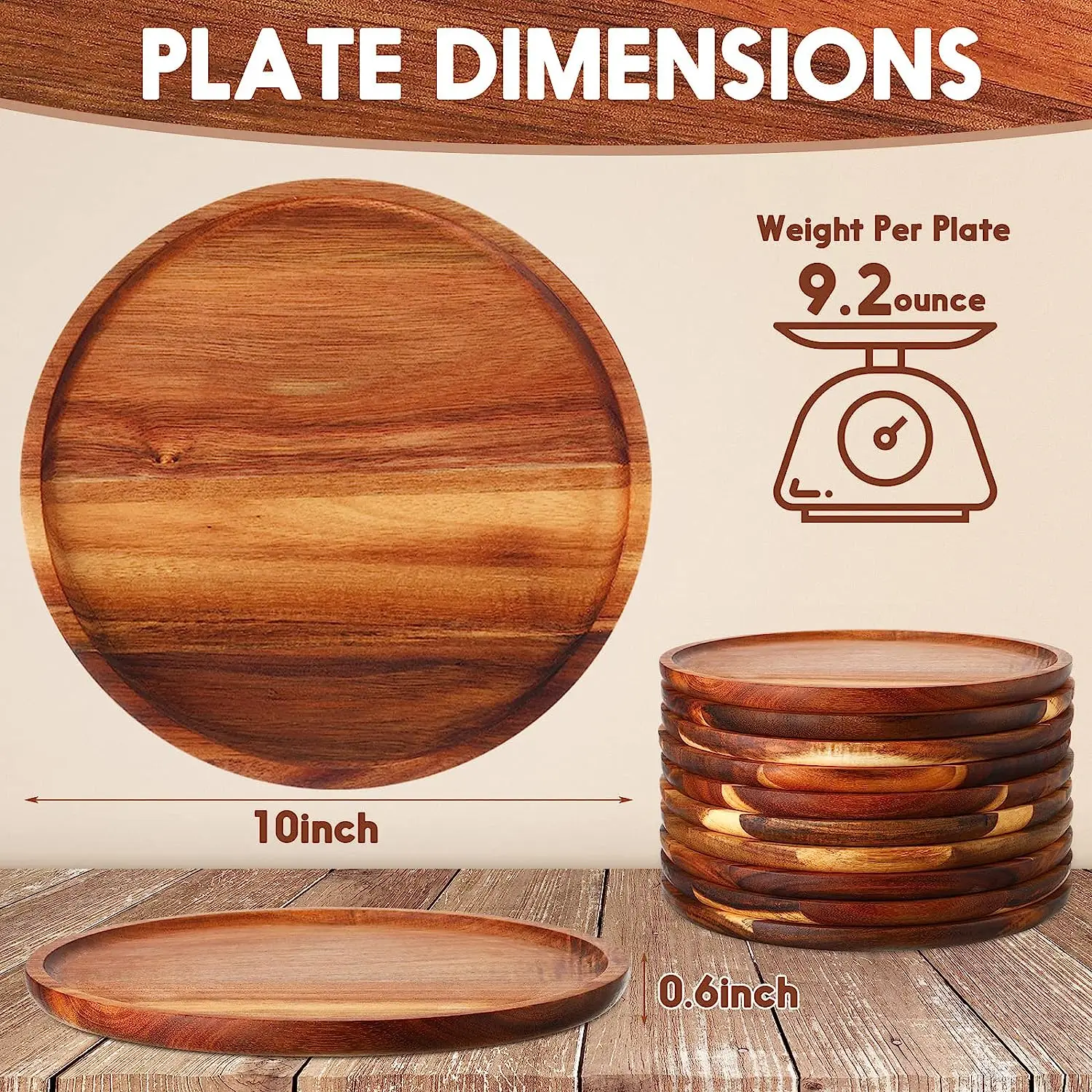 Highgrade Luxury Acacia Wood Dinner Plates Round Ecofriendly Dish Set