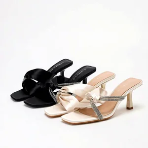1828-4 Summer New Style High Heels Sandals Hot Sale Sexy Silk Cross Water Diamond Square Toe Outdoor Open Back Height Increasing