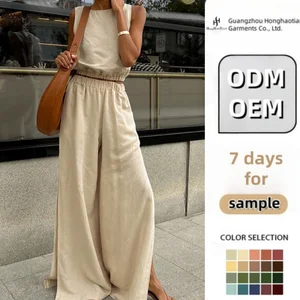 ODM OEM Custom Solid Office Ladies Cotton Linen Casual Set Vest Elastic Split Pants Two Piece Women Elegant Quick Dry Breathable