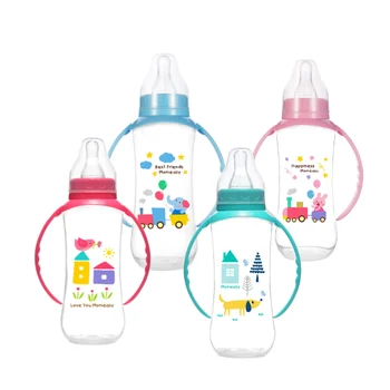 100% Food Grade Standard Baby Feeding Bottle with Handles Anti-colic Nipple bottle Portable Baby Bottle with Cartoon Printing