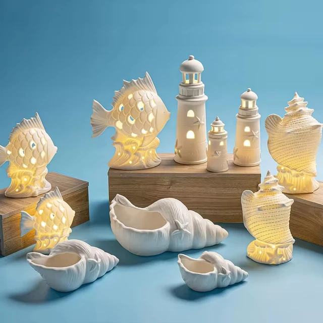 Ceramic Display summer Ocean Animal Sculpture fish and lantern with LED light