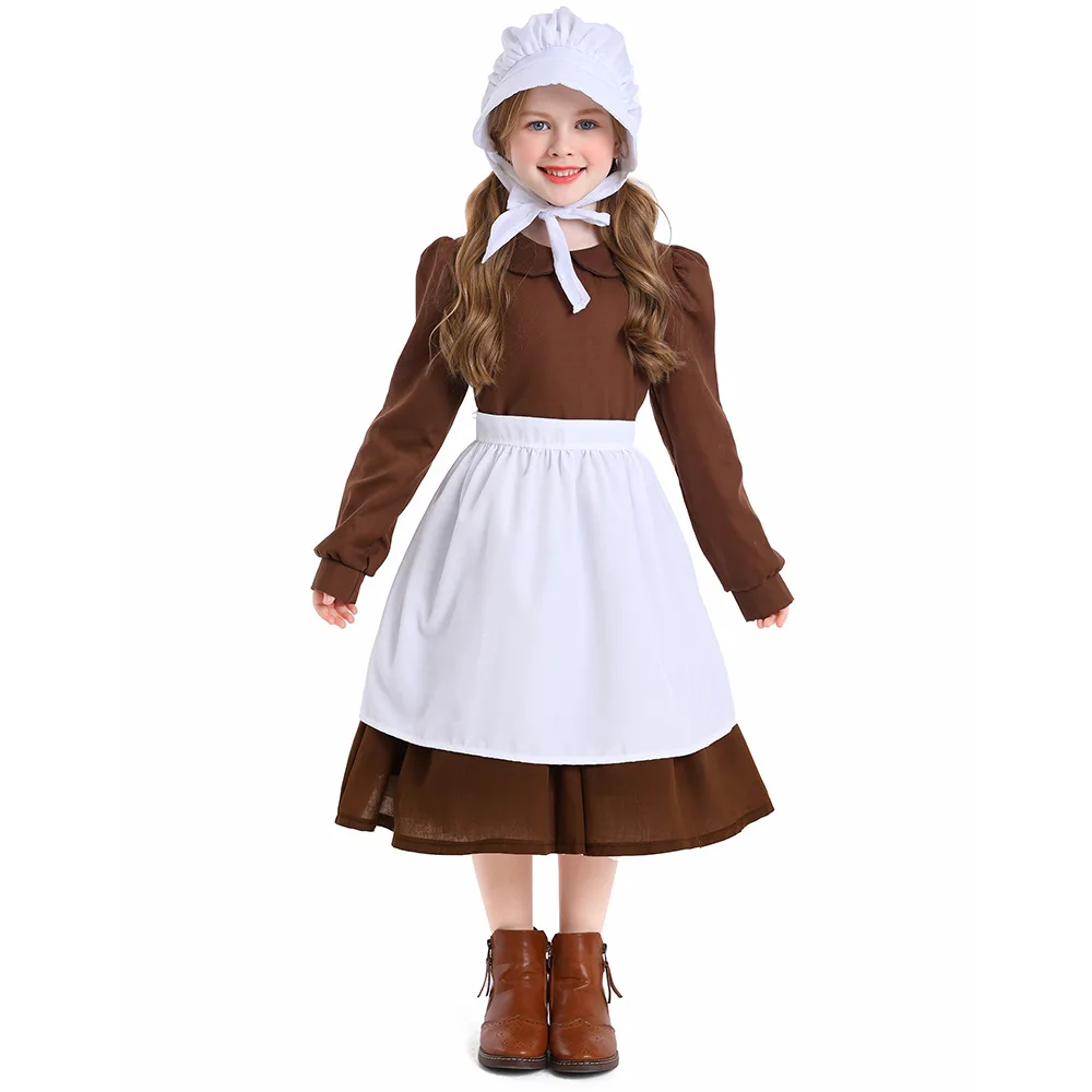 Brown Pioneer Colonial Costume Dress For Girls - Long Sleeve With Apron & Hat