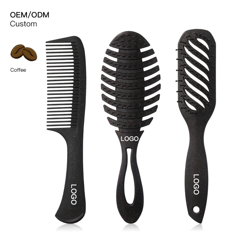 Eco Friendly Coffee Grounds Detangling Paddle Hair Brush Vent Hair Brush Set for Travelling Hair Comb and Brush Set
