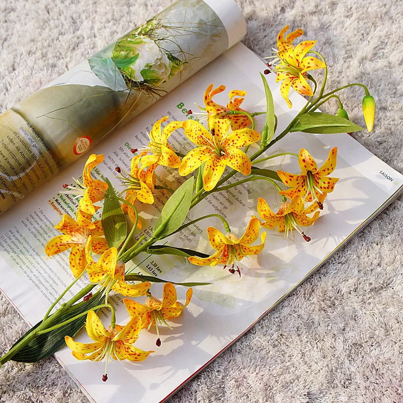 New Arrival Wholesale Artificial Silk Lily Flowers 15 Heads Red Orange