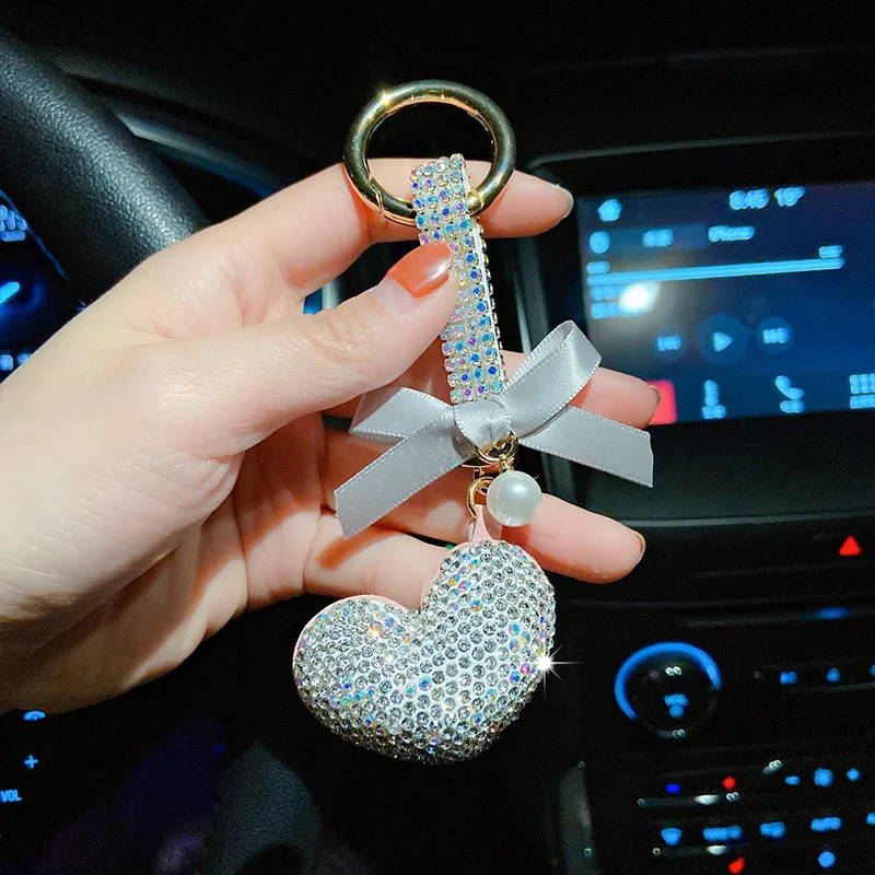 Sparkly Heart Key Ring With Rhinestones - Grey Heart Pendant, Braided Lanyard, For Car Keys, Purses, Gift For Women