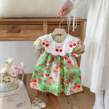 2025 Summer Sweet Girl Princess Dress for Small Medium-Sized Korean Style Cherry Embroidered Doll Collar Baby Dress