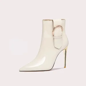 Women's High Heel Ankle Boots with Thin Buckle Pointed Toe and Zipper Short Booties for Spring and Autumn Custom Colors