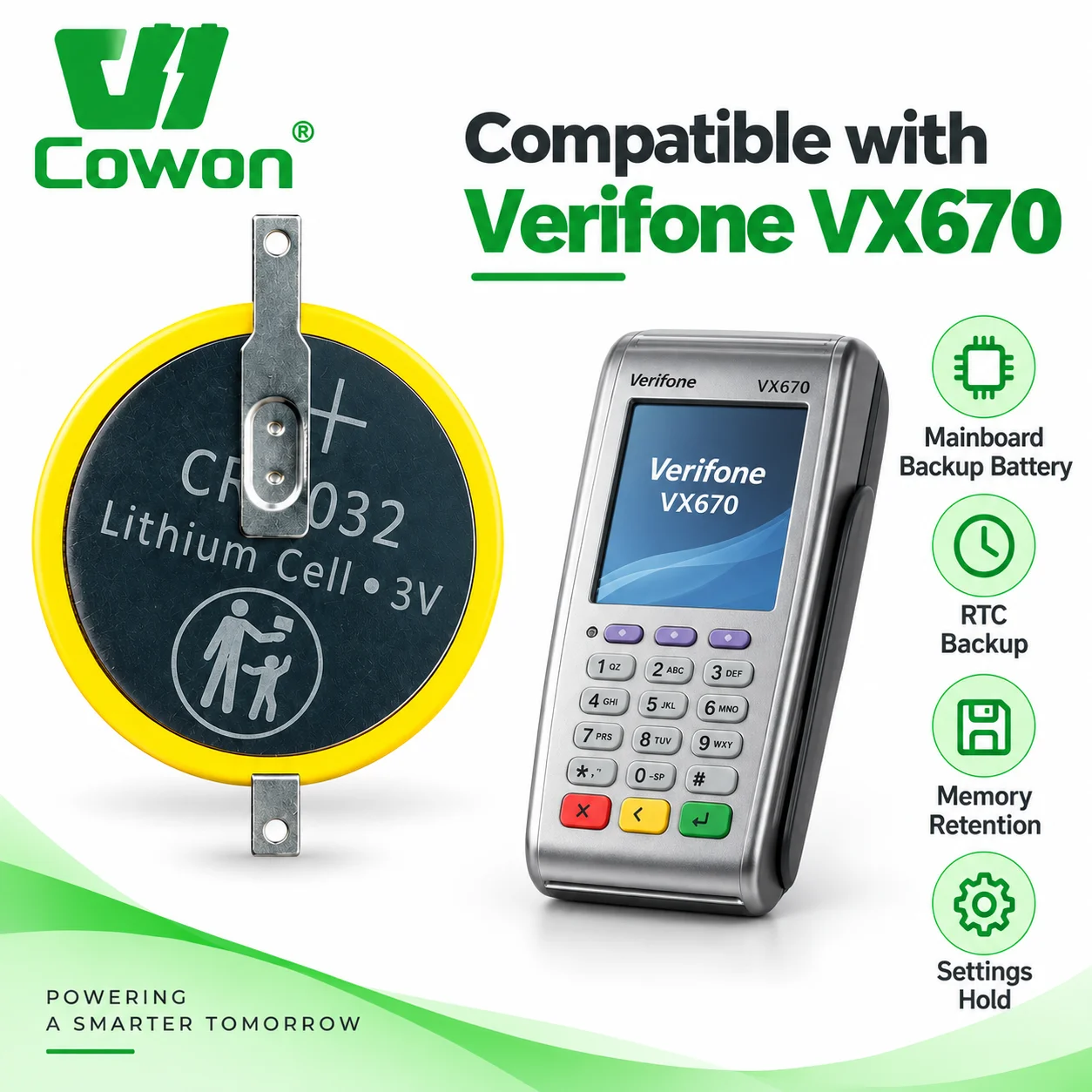 Pin đồng xu lithium Cowon CR3032 3 V, 580 mAh, mã CR-3032/F2N 1F2, có dây hàn, pin dự phòng cho thiết bị đầu cuối POS Verifone VX670, mã CBTL3P0P5B1