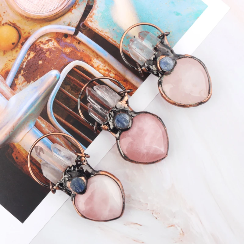 Wholesale Natural Crystal Healing Stone Rose Quartz Heart With Copper Pendant for Decoration