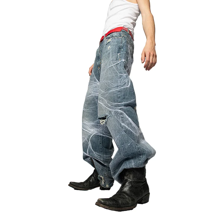 DiZNEW OEM Custom Mens Printing Heavy Cotton Straight Wide Leg Baggy Jeans  Black Blank Denim Jeans