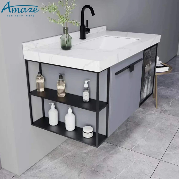 Modern sintered stone countertop basin waterproof wall mounted sink vanity bathroom cabinet set manufacture