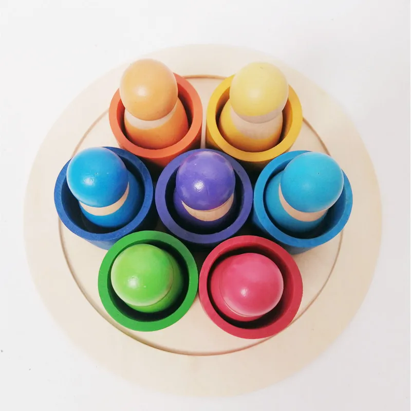 Rainbow Wooden Peg Dolls in Bowls 7 Bowls Wooden Sorting and Matching Rainbow Peg Dolls With Tray