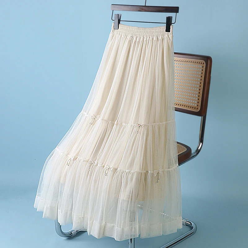 Double Layer Mesh Bow High Waisted Midi Skirts for Women Pure Color Green Summer Pleated French Sweet Skirt
