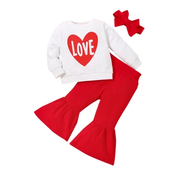 2022 Amazon Kids Boutique 3 Pieces Heart Tops Shirt Flares Pants Headband Girls Clothing Sets