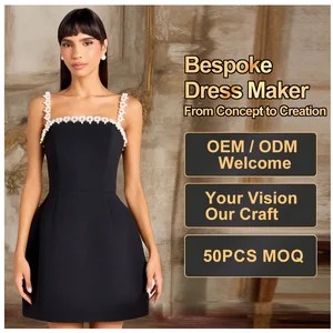 Custom Women Elegant Pearl Halter Designer Velvet A-Line Skirt Dress Casual Stand Neckline Luxury Black Women's Mini Dresses