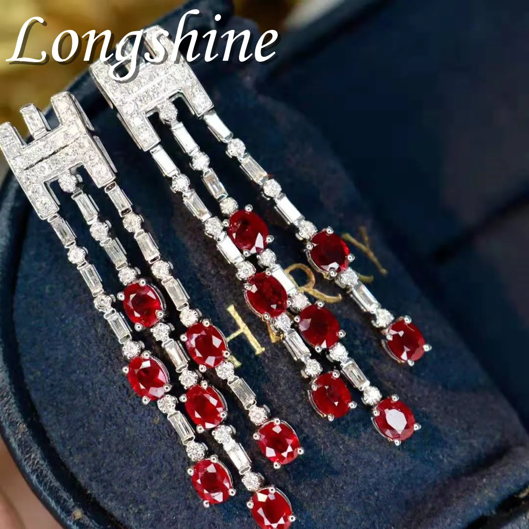 Luxurious Wedding Gemstone Jewelry Natural Ruby and Diamond Tassel Shape Earring 18K Gold Dangle Earrings for Women