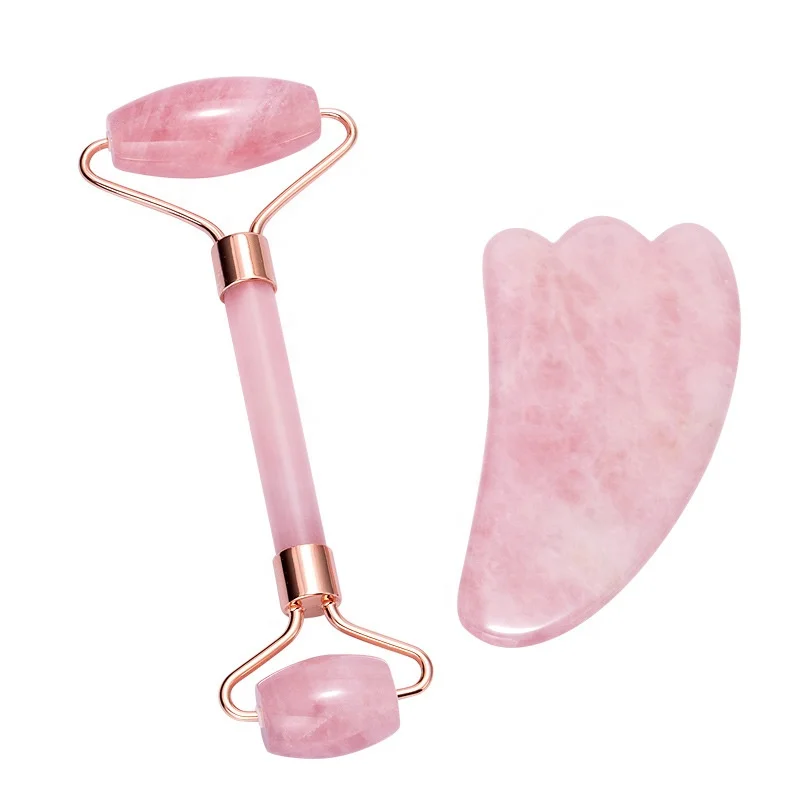 OEM Wholesale High Quality Private Label Beauty Gua Sha Set Natural Pink Rose Quartz and Jade Roller Made From Stone Material