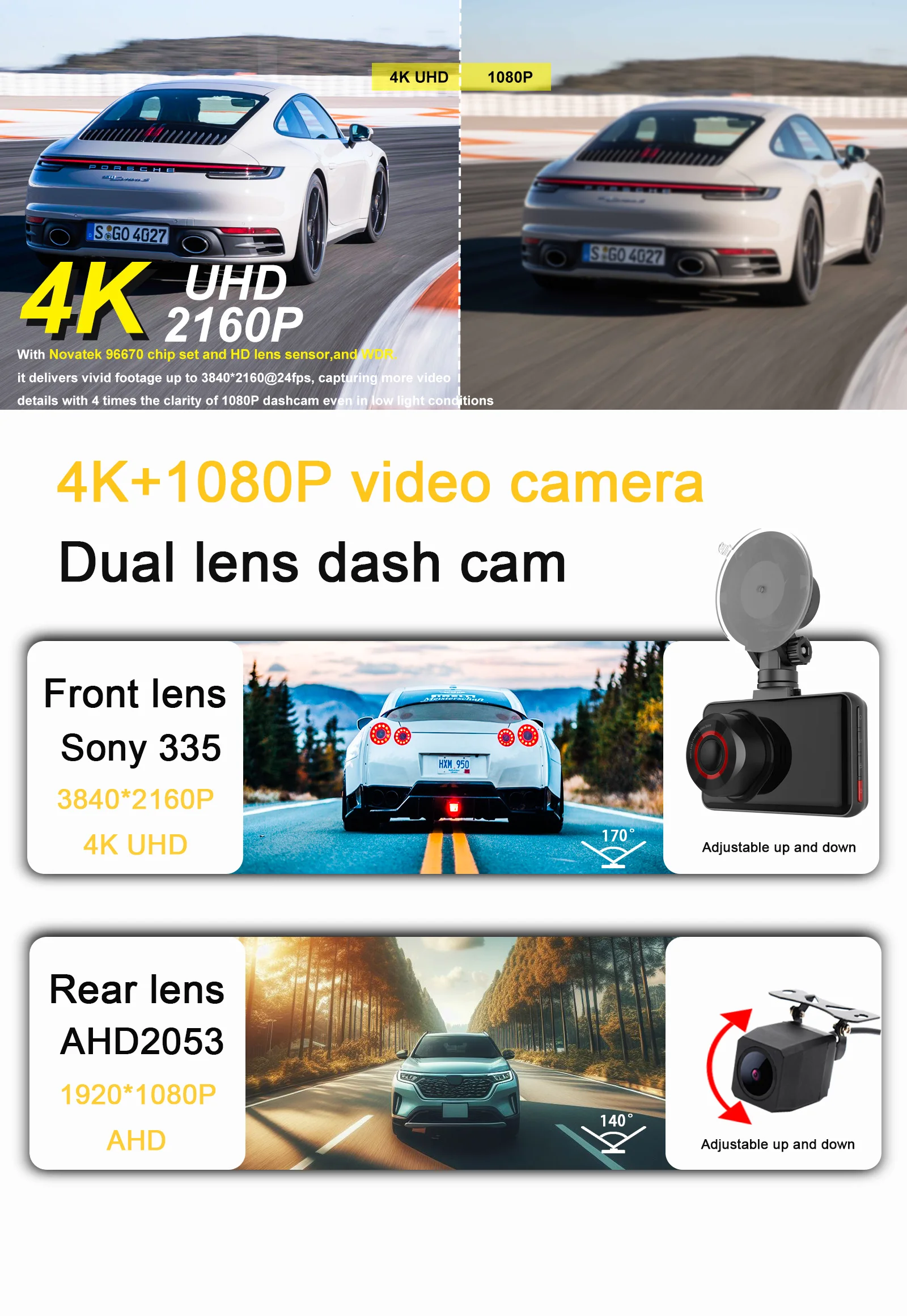 3.0"hd Dashboard Camera 4k Dashcam Car Dash Camera 4k+1080p Vision Dual
