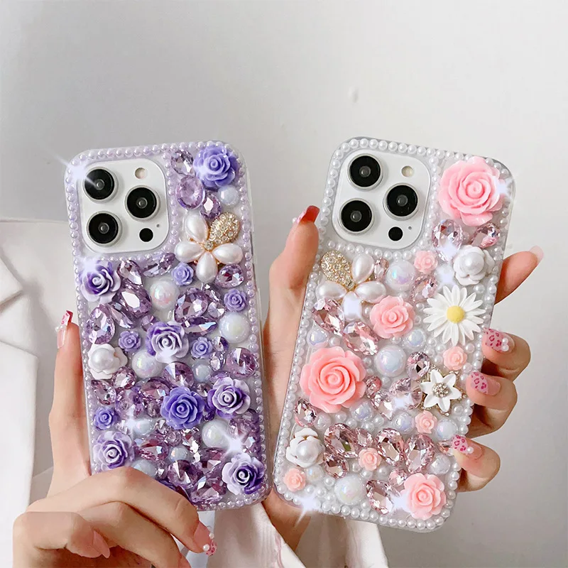 Clear Tpu Pc 3D Epoxy Daisy Flower Resin DIY Mobile Phone case with Pearls for iPhone 16 Pro 15 Decoration Cellphone Accessory
