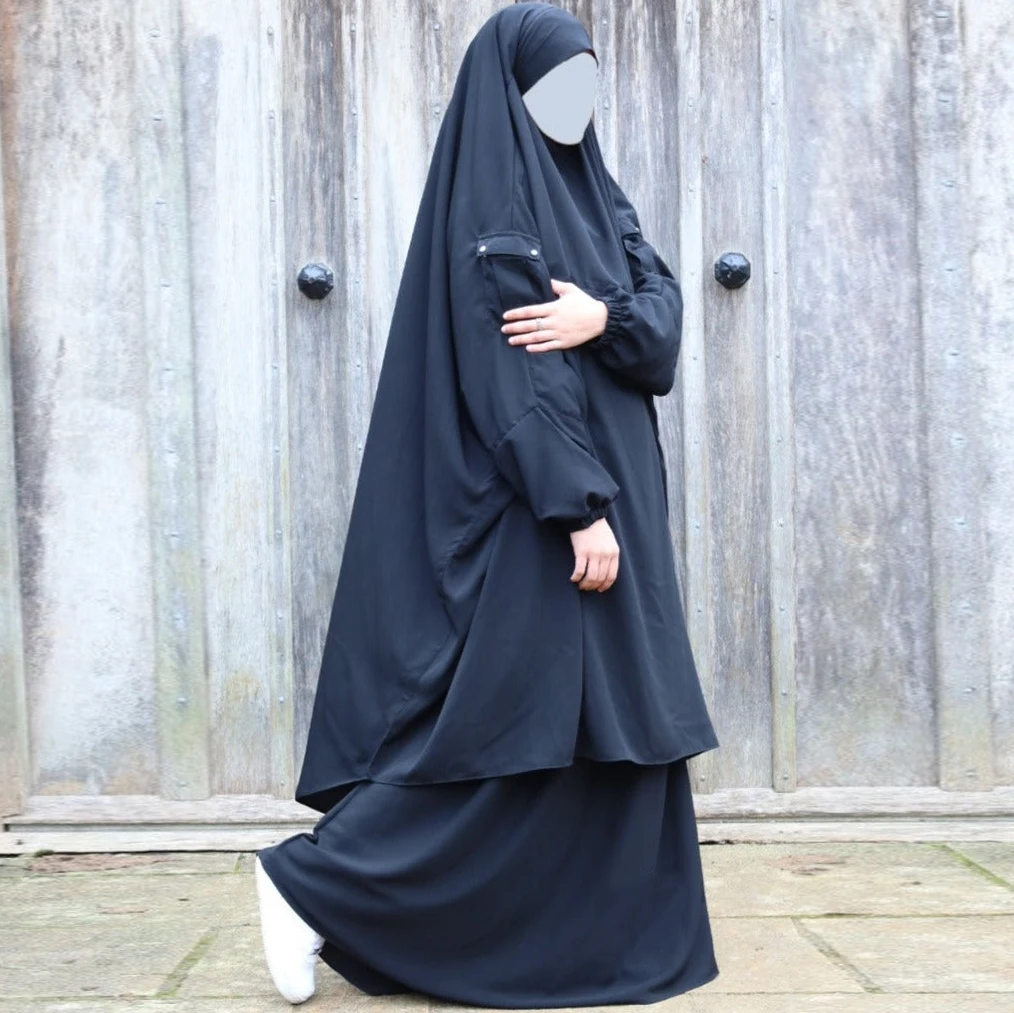 Islamic Modest Maternity 2-Piece for Jilbab Dress Black Nursing Zip Made of Polyester Wear for Muslims
