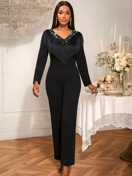 AM050808 Long Sleeve High Waist V Neck Beading Black Women Jumpsuit with Tassel