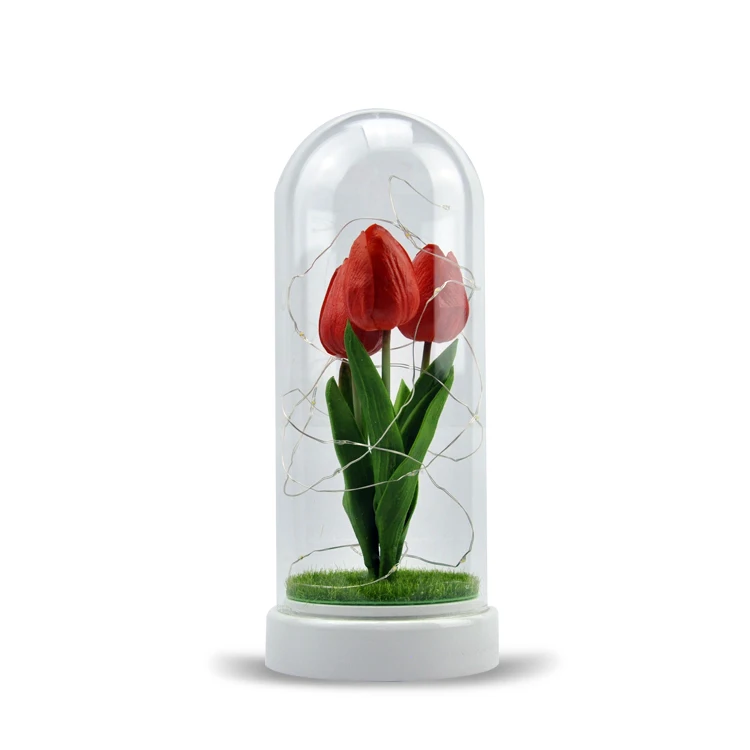 Wholesale custom eternal red plastic flower rose in a led light up glass dome personalised with wood base