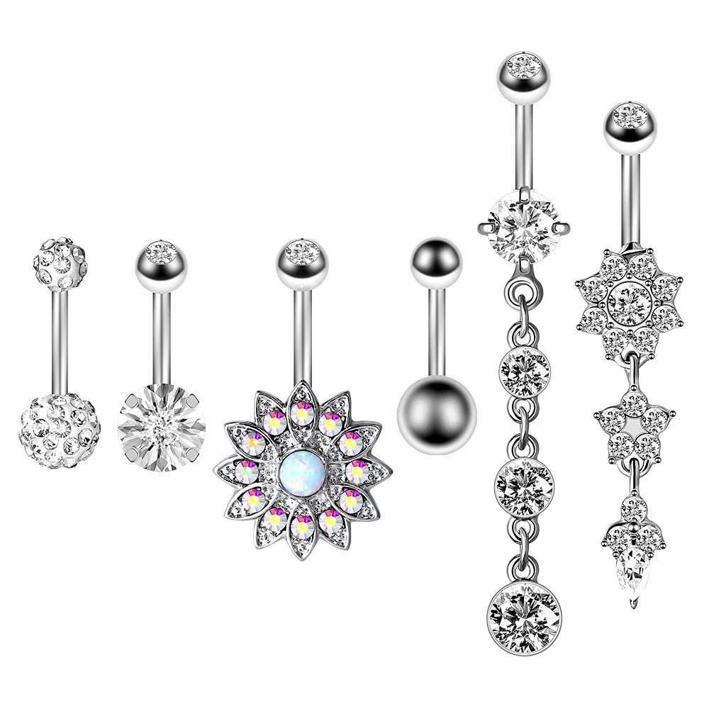 6Pcs/Lot Navel Belly Button Ring Barbell Crystal Ball Piercing Body Jewelry 