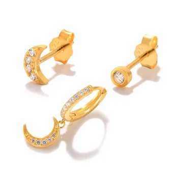 QLEESI Women Jewelry Set 925 Sterling Silver 18k Gold White Diamond Moon Shape Hoop Stud Earrings Set