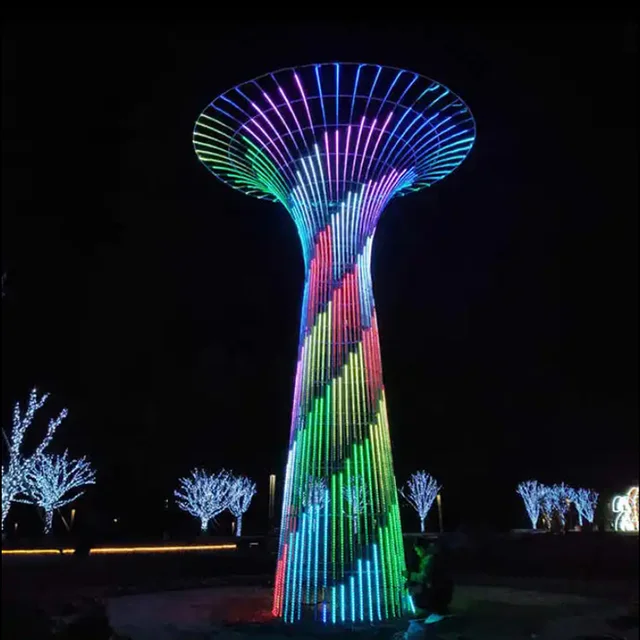 Outdoor Waterproof Public Abstract Art Metal Stainless Steel Illuminated Tower Sculpture RGB LED Tree Motif Light