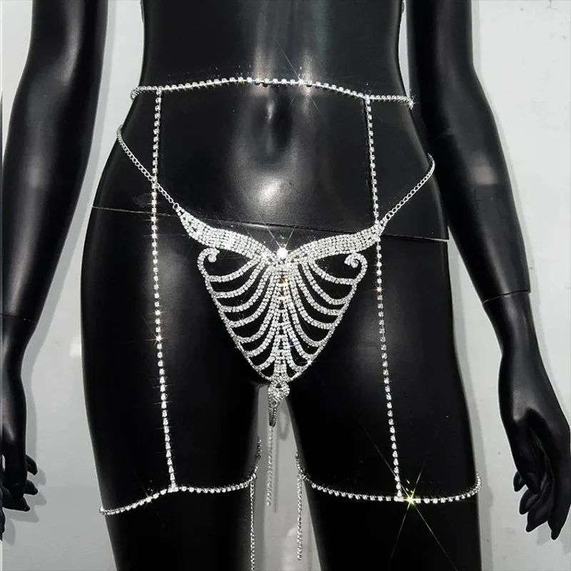 Sexy Sparkly Crystal Rhinestone Thong Panty Waist Chain Belly Body Harness Bikini Underwear Jewelry for Women Nightclub Party
