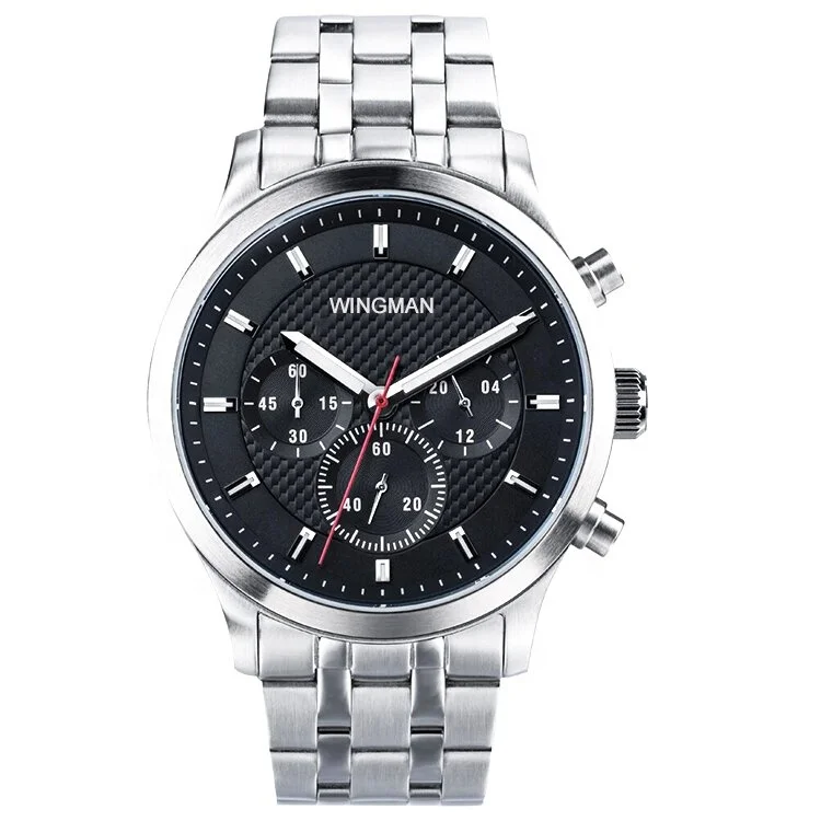 Miyota OS20 Chrono Movement  with RoHS and CE Big Black Dial Quartz Wrist Watch for Men with Stainless Steel Case