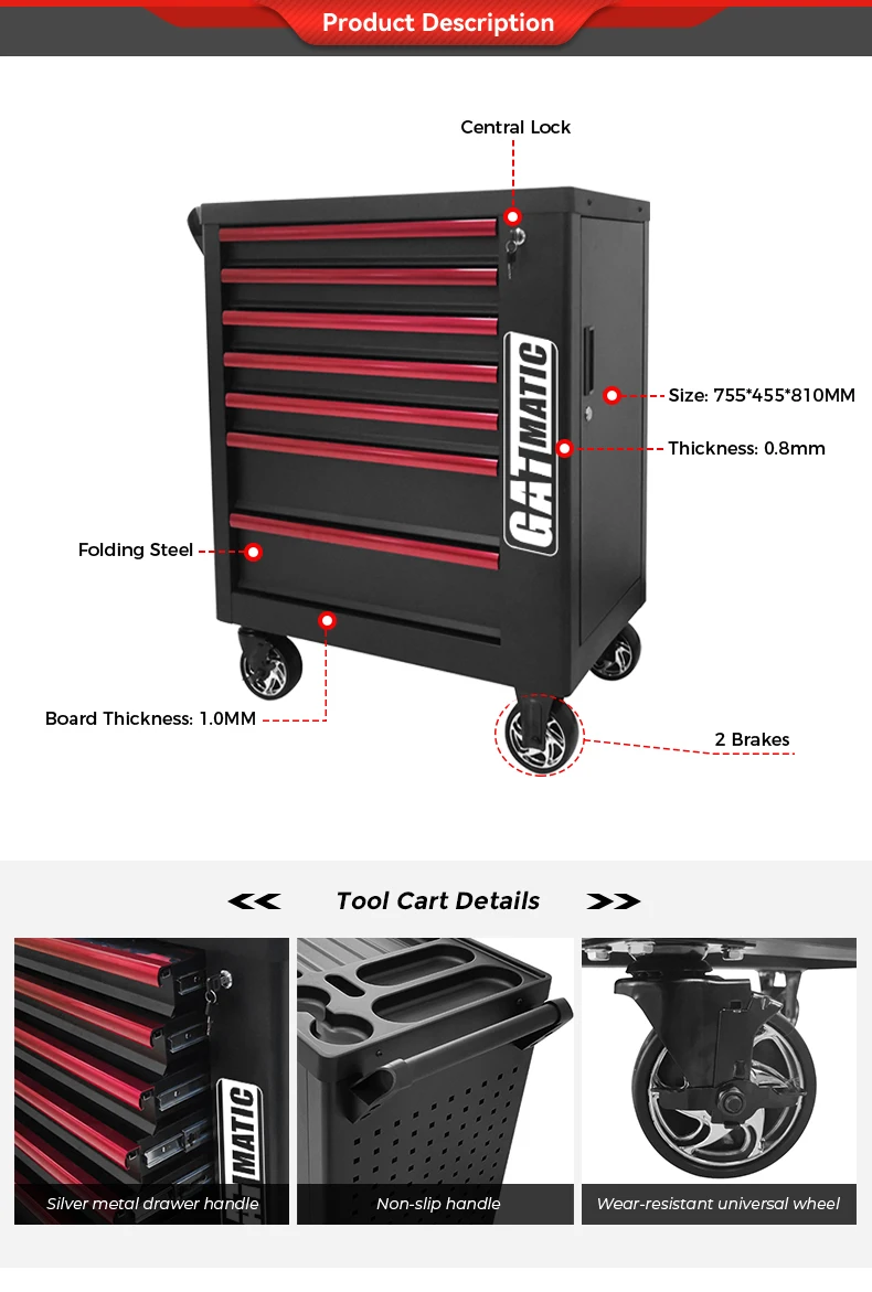GATmatic Auto Lockable Stainless Steel Metal Rolling Tool Cabinet CE Certified 4-Wheel Workshop Trolley Customizable OEM Tool