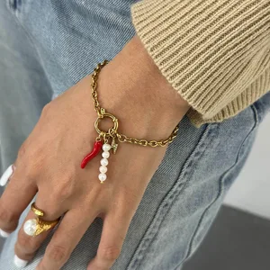 Ilona Women's Luxury Pearl Pendant Bangles New Design 18K Gold Plated Stainless Steel Charm Bracelet Fashion DIY Link Bracelet